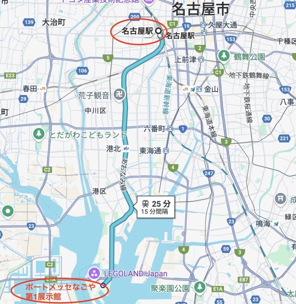名古屋駅からポートメッセなごやまでの地図