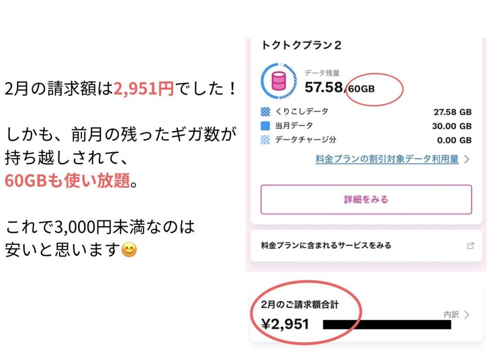 UQモバイルはギガ数の持ち越しができる上に3,000円未満で安いと思います。
